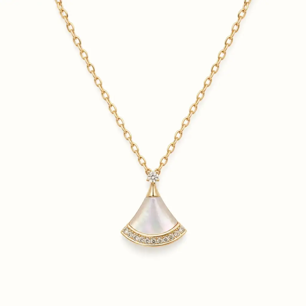White Fan Shape Necklace on a white catalogue background