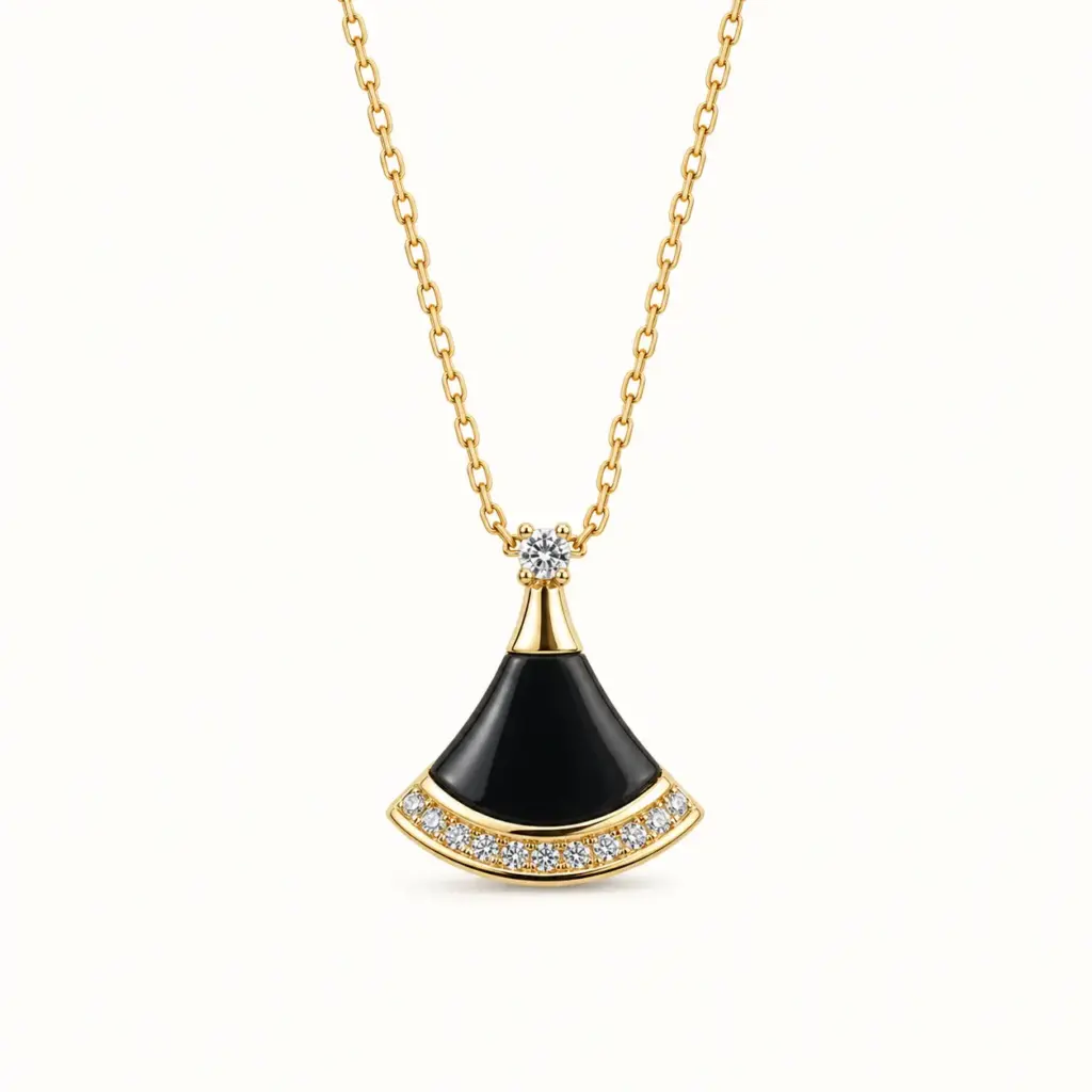 Black Fan Shape Necklace on a white catalogue background