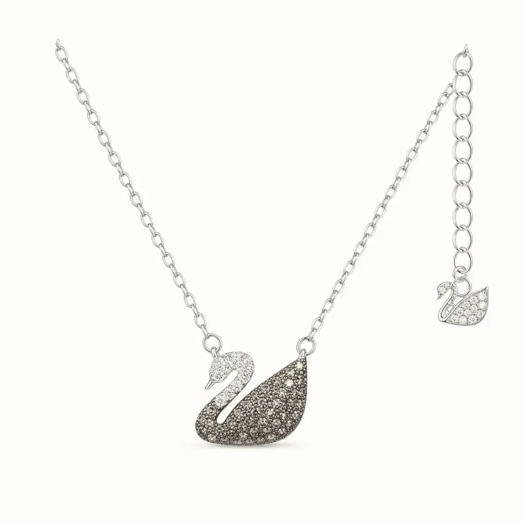 Black Silver Swan Necklace on a white catalogue background