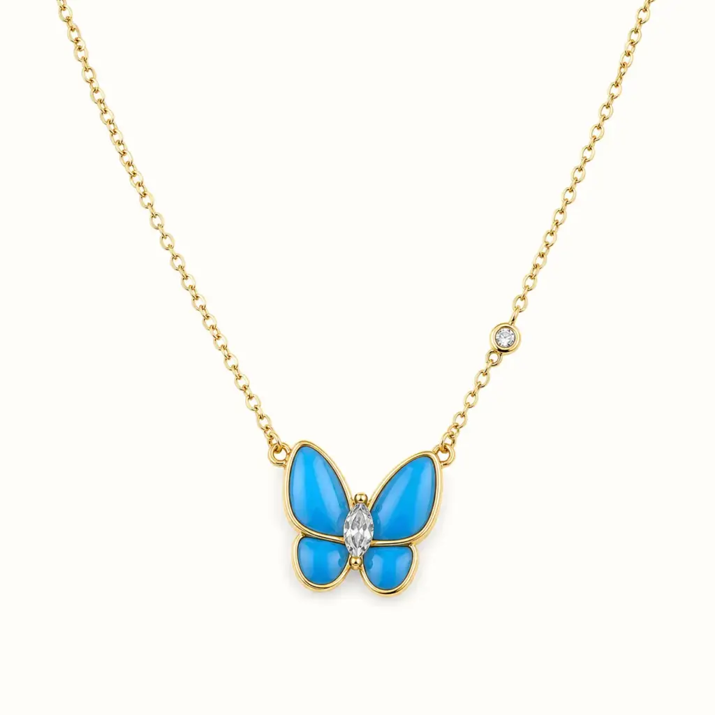 Blue Butterfly Necklace on a white catalogue background