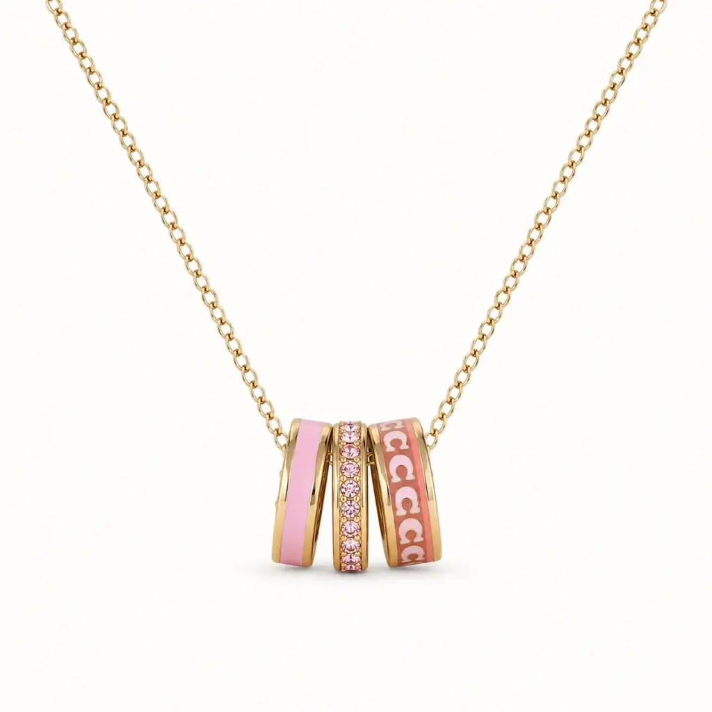 3-Ring Pink Necklace on a white catalogue background