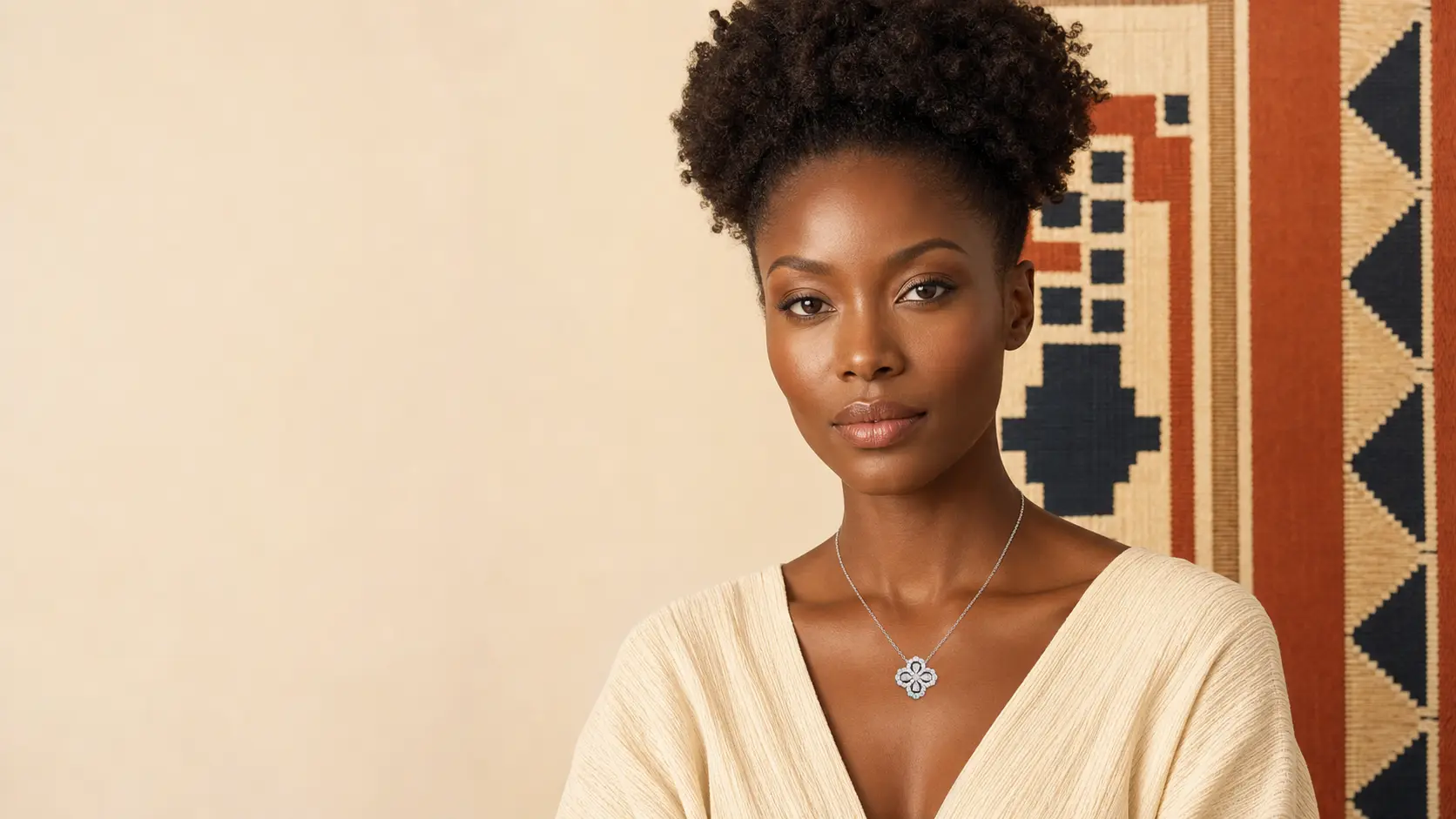 Madiya jewellery portrait with African-inspired geometric textile